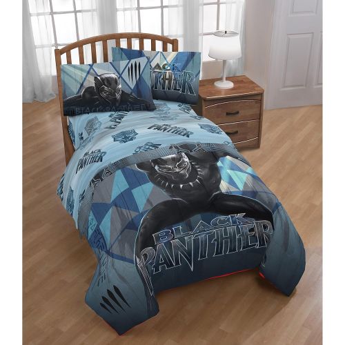  Ln 1 Piece Boys Blue Grey Black Panther Themed Comforter Twin Size, Black Marvel Super Hero Print Reversible Bedding Comic Superheroes Pattern, Bold Iconic Design, Vibrant Colors, Sof