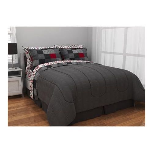  Ln Twin size Teen Boys Red,Gray, White, Black Geo Blocks comforter with sheet set, Bed in a Bag Bedding Set (Twin)