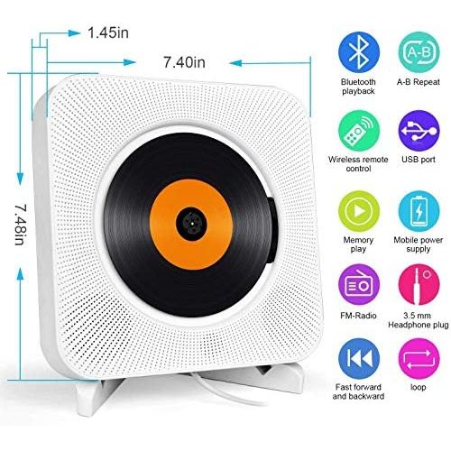  [아마존베스트]Loacy Portable CD Player with Bluetooth, Wall Mounted Built-in HiFi Speakers, Home Audio Speaker with Remote Control, FM Radio, USB MP3, AUX In/Output of 3.5 mm Headphone Jack, White