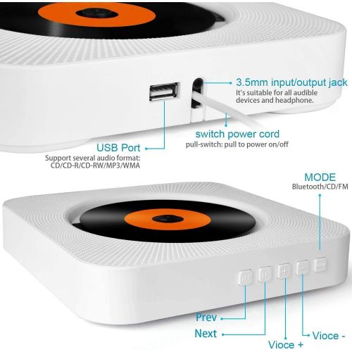  [아마존베스트]Loacy Portable CD Player with Bluetooth, Wall Mounted Built-in HiFi Speakers, Home Audio Speaker with Remote Control, FM Radio, USB MP3, AUX In/Output of 3.5 mm Headphone Jack, White