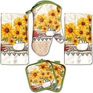 American Mills Yellow Sunflower Decor 5 Piece Printed Kitchen Linen Set Includes Towels Pot Holders Oven Mitt
