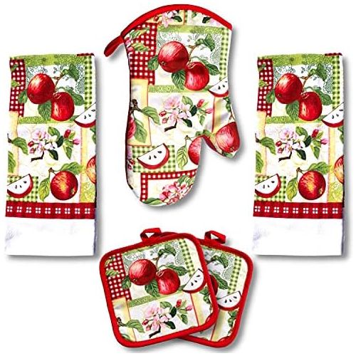  [아마존베스트]American Mills Juicy Apple Decor 5 Piece Printed Kitchen Linen Set Includes Towels Pot Holders Oven Mitt