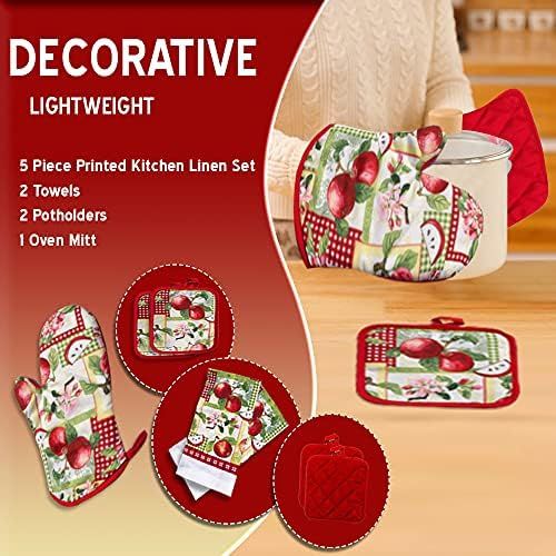  [아마존베스트]American Mills Juicy Apple Decor 5 Piece Printed Kitchen Linen Set Includes Towels Pot Holders Oven Mitt