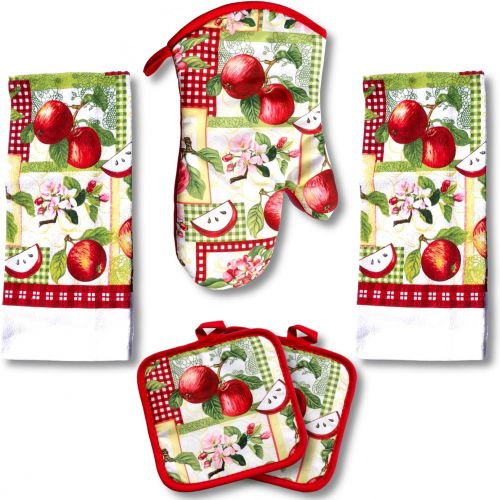  [아마존베스트]American Mills Juicy Apple Decor 5 Piece Printed Kitchen Linen Set Includes Towels Pot Holders Oven Mitt