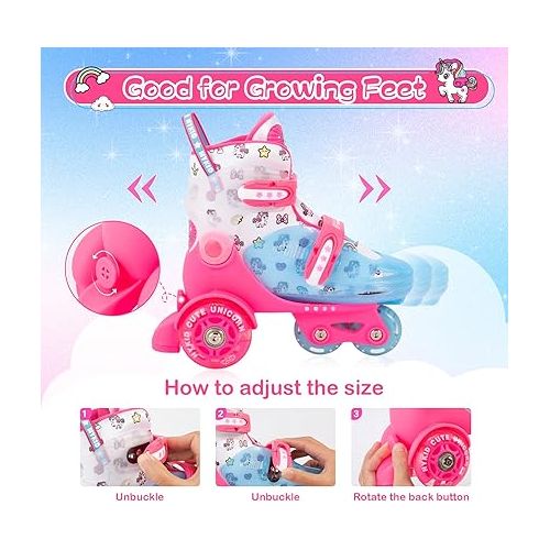  Kids Roller Skates for Toddler, Adjustable Sizes Girls Roller Skates for Children, 3-Point Construction Toddler Roller Skates for Kids Beginners with Luminous Wheels