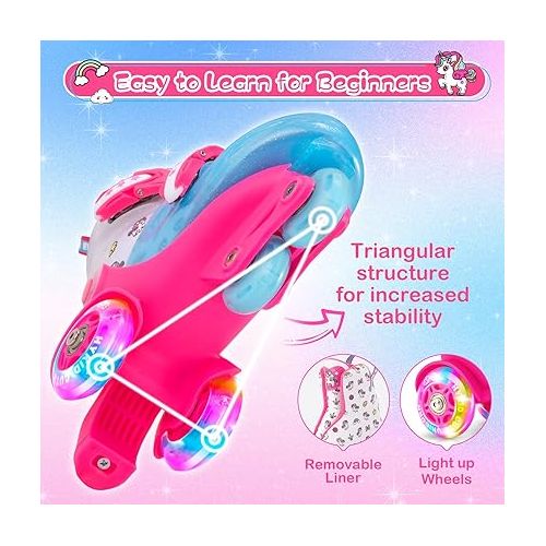  Kids Roller Skates for Toddler, Adjustable Sizes Girls Roller Skates for Children, 3-Point Construction Toddler Roller Skates for Kids Beginners with Luminous Wheels