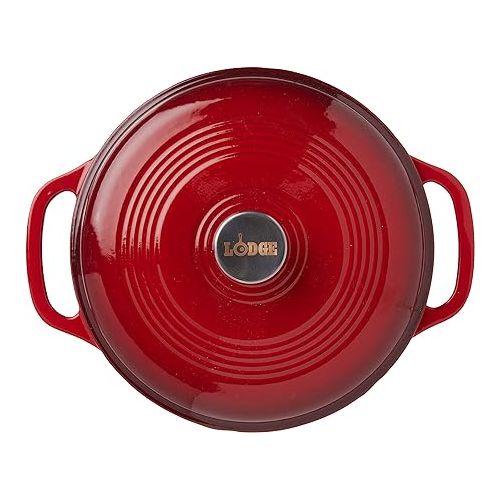 롯지 Lodge 6 Quart Enameled Cast Iron Dutch Oven with Lid - Dual Handles - Oven Safe up to 500° F or on Stovetop - Use to Marinate, Cook, Bake, Refrigerate and Serve - Island Spice Red