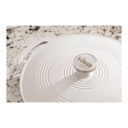 롯지 Lodge 3.6 Quart Enameled Cast Iron Oval Casserole With Lid- Dual Handles - Oven Safe up to 500° F or on Stovetop - Use to Marinate, Cook, Bake, Refrigerate and Serve - Oyster White