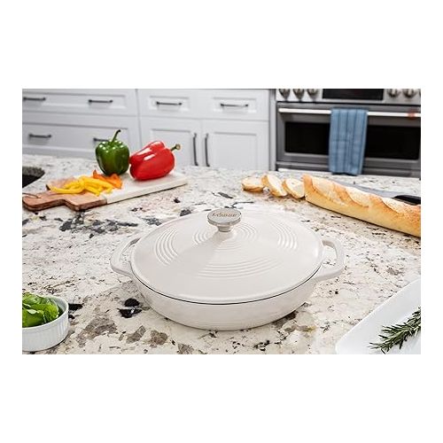 롯지 Lodge 3.6 Quart Enameled Cast Iron Oval Casserole With Lid- Dual Handles - Oven Safe up to 500° F or on Stovetop - Use to Marinate, Cook, Bake, Refrigerate and Serve - Oyster White