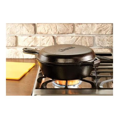 롯지 Lodge Pre-Seasoned 2-in-1 Cast Iron Combo Cooker - 3.2 Quart Deep Pot Cooker + 10.25 Inch Frying Pan - Use in the Oven, on the Stove, Grill, or Over a Campfire - Use to Sear, Saute, Broil, Fry- Black