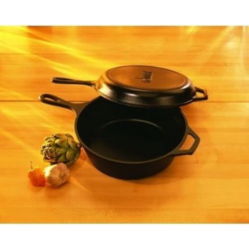 롯지 Lodge Pre-Seasoned 2-in-1 Cast Iron Combo Cooker - 3.2 Quart Deep Pot Cooker + 10.25 Inch Frying Pan - Use in the Oven, on the Stove, Grill, or Over a Campfire - Use to Sear, Saute, Broil, Fry- Black