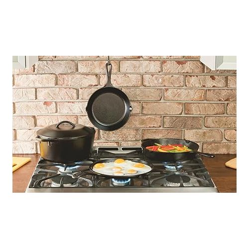 롯지 Lodge 5 Quart Pre-Seasoned Cast Iron Dutch Oven with Lid - Wire Bail Handle for Easy Transfer from Cooking Surface to Table - Use in the Oven, on the Stove, on the Grill or over the Campfire - Black