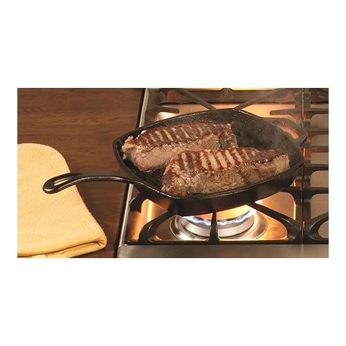 롯지 Lodge 10.5 Inch Pre-Seasoned Cast Iron Square Grill Pan - Signature Teardrop Handle & Assist Handle - Use Grill Pan in the Oven, on the Stove, on the Grill, or Over a Campfire - Black