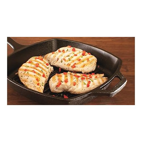 롯지 Lodge 10.5 Inch Pre-Seasoned Cast Iron Square Grill Pan - Signature Teardrop Handle & Assist Handle - Use Grill Pan in the Oven, on the Stove, on the Grill, or Over a Campfire - Black