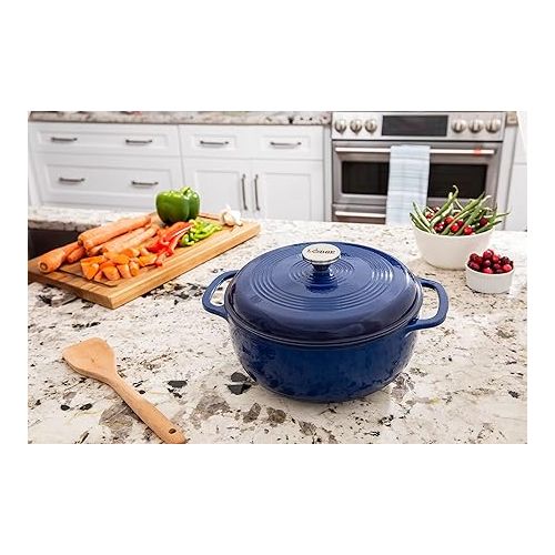 롯지 Lodge 6 Quart Enameled Cast Iron Dutch Oven with Lid - Dual Handles - Oven Safe up to 500° F or on Stovetop - Use to Marinate, Cook, Bake, Refrigerate and Serve - Indigo