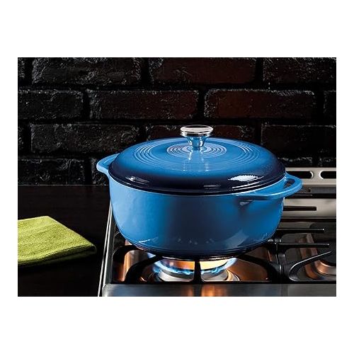 롯지 Lodge 6 Quart Enameled Cast Iron Dutch Oven with Lid - Dual Handles - Oven Safe up to 500° F or on Stovetop - Use to Marinate, Cook, Bake, Refrigerate and Serve - Blue