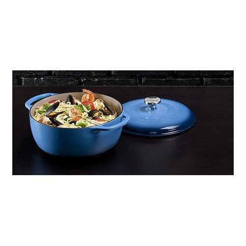 롯지 Lodge 6 Quart Enameled Cast Iron Dutch Oven with Lid - Dual Handles - Oven Safe up to 500° F or on Stovetop - Use to Marinate, Cook, Bake, Refrigerate and Serve - Blue