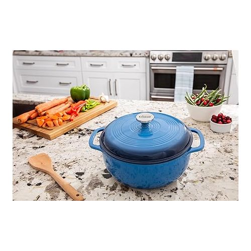 롯지 Lodge 6 Quart Enameled Cast Iron Dutch Oven with Lid - Dual Handles - Oven Safe up to 500° F or on Stovetop - Use to Marinate, Cook, Bake, Refrigerate and Serve - Blue