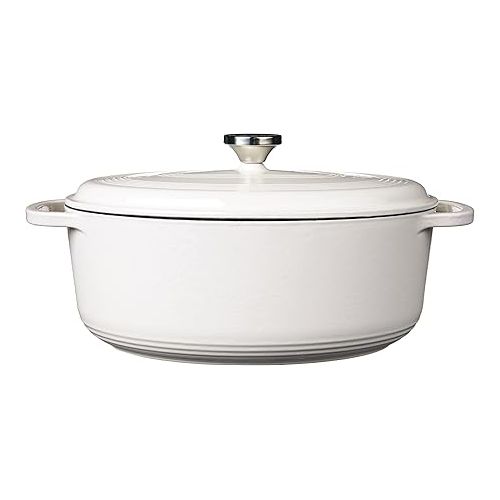 롯지 Lodge 7 Quart Enameled Cast Iron Oval Dutch Oven with Lid - Dual Handles - Oven Safe up to 500° F or on Stovetop - Use to Marinate, Cook, Bake, Refrigerate and Serve - Oyster White