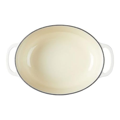 롯지 Lodge 7 Quart Enameled Cast Iron Oval Dutch Oven with Lid - Dual Handles - Oven Safe up to 500° F or on Stovetop - Use to Marinate, Cook, Bake, Refrigerate and Serve - Oyster White