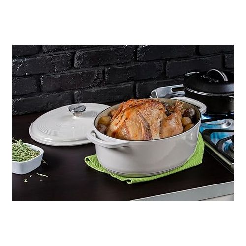 롯지 Lodge 7 Quart Enameled Cast Iron Oval Dutch Oven with Lid - Dual Handles - Oven Safe up to 500° F or on Stovetop - Use to Marinate, Cook, Bake, Refrigerate and Serve - Oyster White