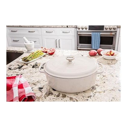 롯지 Lodge 7 Quart Enameled Cast Iron Oval Dutch Oven with Lid - Dual Handles - Oven Safe up to 500° F or on Stovetop - Use to Marinate, Cook, Bake, Refrigerate and Serve - Oyster White