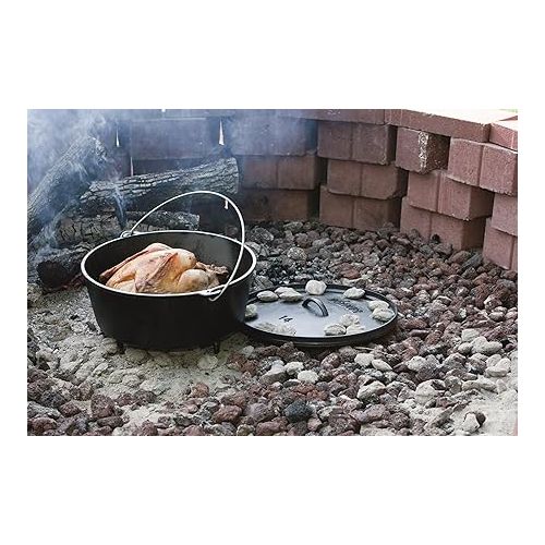 롯지 Lodge 10 Quart Pre-Seasoned Cast Iron Camp Dutch Oven with Lid - Dual Handles - Use in the Oven, on the Stove, on the Grill or over the Campfire - Black