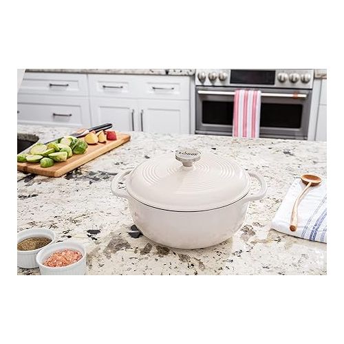 롯지 Lodge 7.5 Quart Enameled Cast Iron Dutch Oven with Lid - Dual Handles - Oven Safe up to 500° F or on Stovetop - Use to Marinate, Cook, Bake, Refrigerate and Serve - Oyster White