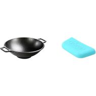 Lodge BOLD 14 Inch Seasoned Cast Iron Wok 2 BOLD Silicone Assist Handle Holders - Electric Blue