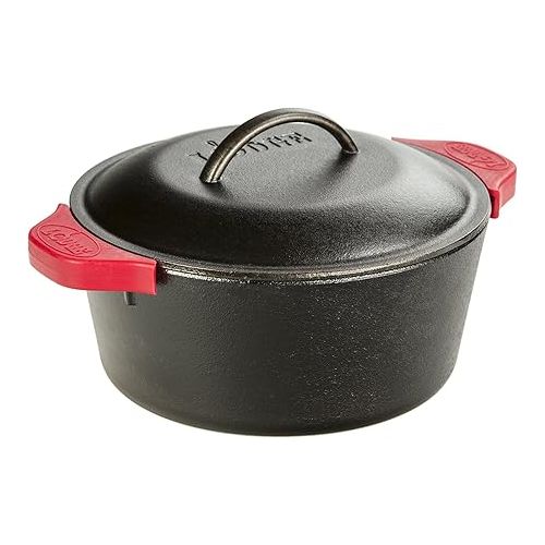 롯지 Lodge L8DOL3HH41PLT Cast Iron Dutch Oven with Handle Holders, 5 quart, Black/Red