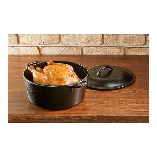 롯지 Lodge L8DOL3HH41PLT Cast Iron Dutch Oven with Handle Holders, 5 quart, Black/Red