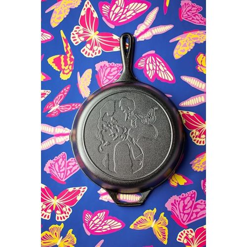 롯지 Lodge 10.25 Inch Dolly Parton Pre-Seasoned Cast Iron Stamped Skillet - Signature Teardrop Handle - Use in the Oven, on the Stove, on the Grill, or Over a Campfire, Black