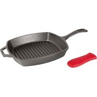 Lodge L8SGP3ASHH41B Cast Iron Square Grill Pan with Red Silicone Hot Handle Holder, Pre-Seasoned, 10.5-inch