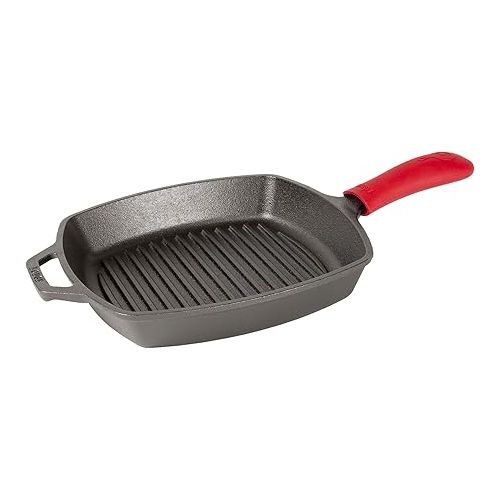 롯지 Lodge L8SGP3ASHH41B Cast Iron Square Grill Pan with Red Silicone Hot Handle Holder, Pre-Seasoned, 10.5-inch