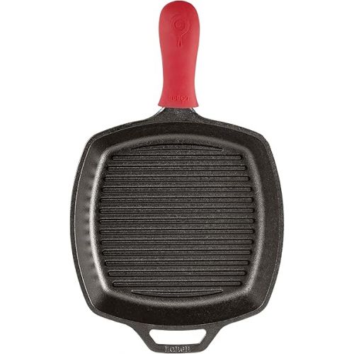 롯지 Lodge L8SGP3ASHH41B Cast Iron Square Grill Pan with Red Silicone Hot Handle Holder, Pre-Seasoned, 10.5-inch