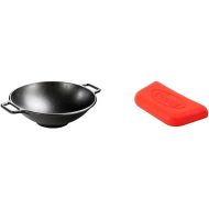 Lodge BOLD 14 Inch Seasoned Cast Iron Wok 2 BOLD Silicone Assist Handle Holders - Vibrant Red