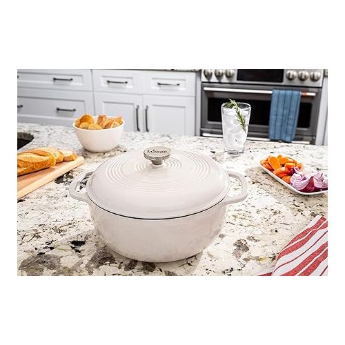 롯지 Lodge 6 Quart Enameled Cast Iron Dutch Oven with Lid - Dual Handles - Oven Safe up to 500° F or on Stovetop - Use to Marinate, Cook, Bake, Refrigerate and Serve - Oyster White