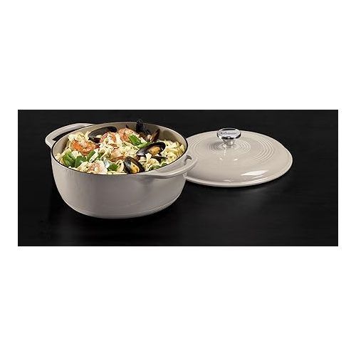 롯지 Lodge 6 Quart Enameled Cast Iron Dutch Oven with Lid - Dual Handles - Oven Safe up to 500° F or on Stovetop - Use to Marinate, Cook, Bake, Refrigerate and Serve - Oyster White