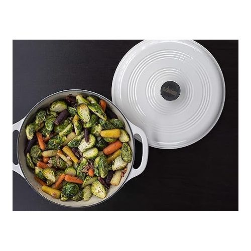 롯지 Lodge 6 Quart Enameled Cast Iron Dutch Oven with Lid - Dual Handles - Oven Safe up to 500° F or on Stovetop - Use to Marinate, Cook, Bake, Refrigerate and Serve - Oyster White