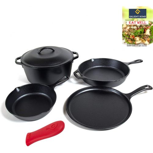 롯지 [아마존베스트]Lodge Cast Iron 5 Piece Bundle, 5 Quart Dutch Oven with Cover, 10.5 inch Griddle Pan, 8 and 10.25 Inch Skillets, Pre-Seasoned Cookware Set Ready for Cooking, Bundle Includes Salien