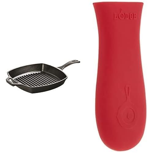 롯지 Lodge L8SGP3 Pre-Seasoned Cast-Iron Square Grill Pan, 10.5-inch and Lodge ASHH41 Silicone Hot Handle Holder, Red Bundle