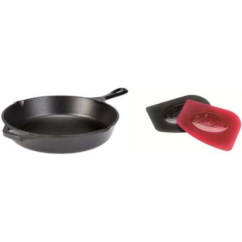 롯지 Lodge L8SK3 Pre-Seasoned Cast-Iron Skillet, 10.25-inch and Lodge SCRAPERPK Durable Polycarbonate Pan Scrapers, Red and Black, 2-Pack Bundle