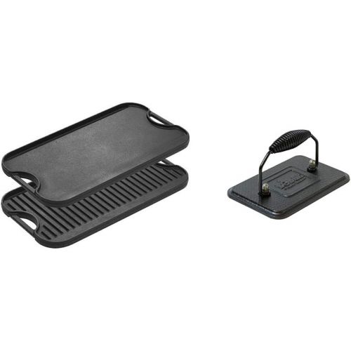 롯지 Lodge Pre-Seasoned Cast Iron Reversible Grill/Griddle With Handles, 20 Inch x 10.5 Inch & Pre-Seasoned Cast Iron Grill Press With Cool-grip Spiral Handle, 4.5 inch X 6.75 inch, Bla