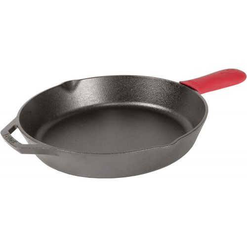 롯지 Lodge Pre-Seasoned Cast Iron Skillet with Assist Handle Holder, 12, Red Silicone