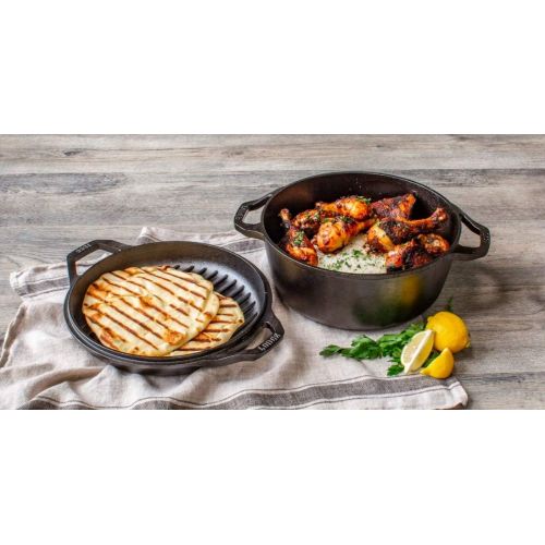 롯지 Lodge Chef Collection 6 Quart Cast Iron Double Dutch Oven. Seasoned and Ready for the Kitchen or Campfire. Cover Converts to a Grill Pan for Searing. Made from Quality Materials to