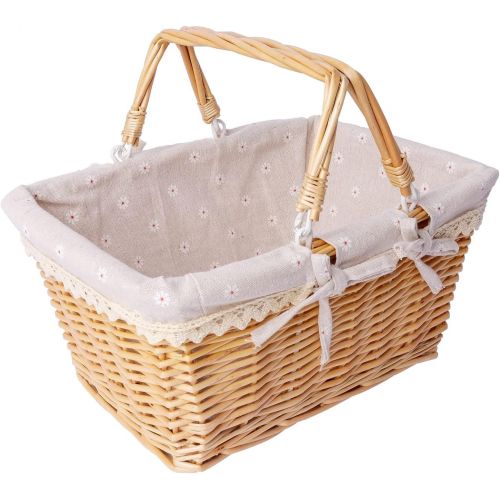  Loffee&sea Wicker Picnic Basket | Wicker Easter Basket | Storage Basket | Willow Country Picnic Basket | Bath Toy and Kids Toy Storage with Liner and Folded Hand - Large