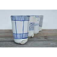 /Lofficina Stoneware rustic tumbler blue decor - set of 4 - Rustic cream with blue decoration - Handmade Ceramics