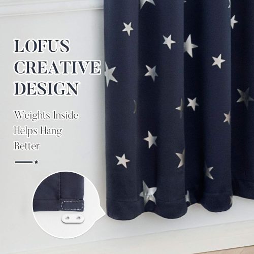  [아마존베스트]Lofus Blackout Curtains for Kids Room with Cute Shiny Star Pattern, Grommet Top Window Drapes Protect Privacy 38x45 Inches, Navy Blue