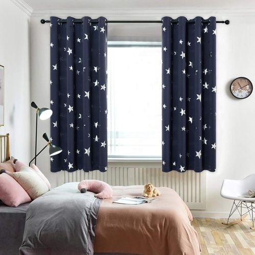  [아마존베스트]Lofus Blackout Curtains for Kids Room with Cute Shiny Star Pattern, Grommet Top Window Drapes Protect Privacy 38x45 Inches, Navy Blue