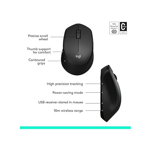 로지텍 Logitech MK345 Wireless Combo Full-Sized Keyboard with Palm Rest and Comfortable Right-Handed Mouse, 2.4 GHz Wireless USB Receiver, Compatible with PC, Laptop,Black